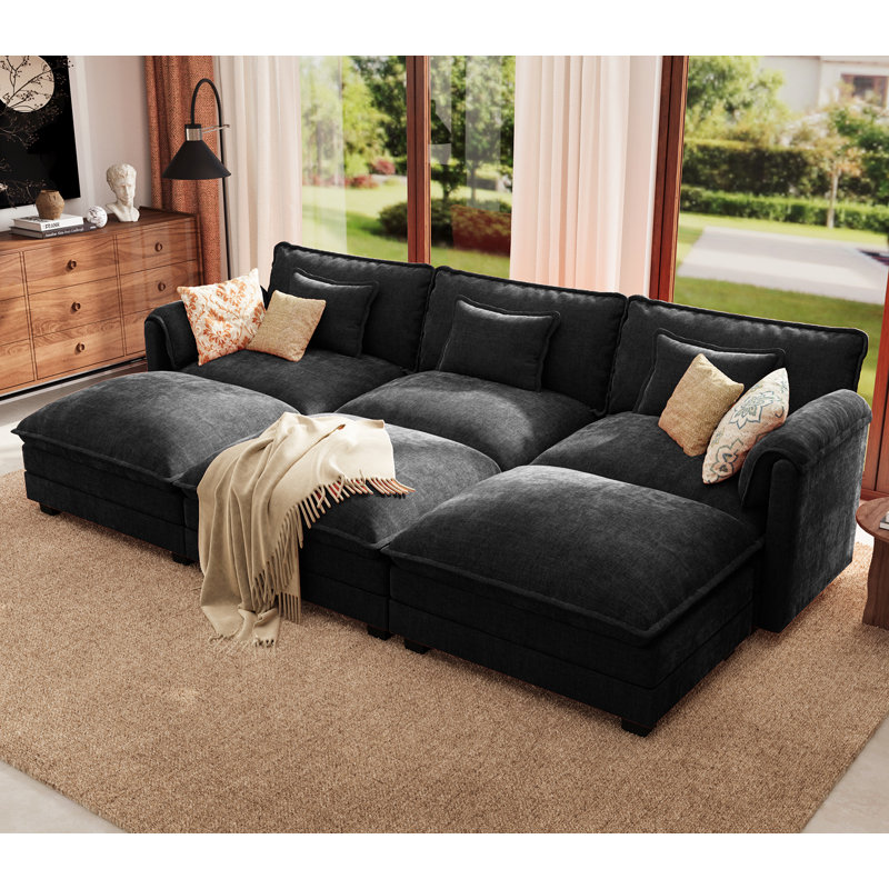 Canapé modulaire Comfy Cloud 6 pièces de 116 po avec siège profond Amabilia et canapé 3 places avec repose-pieds amovible - tissu chenille-noir