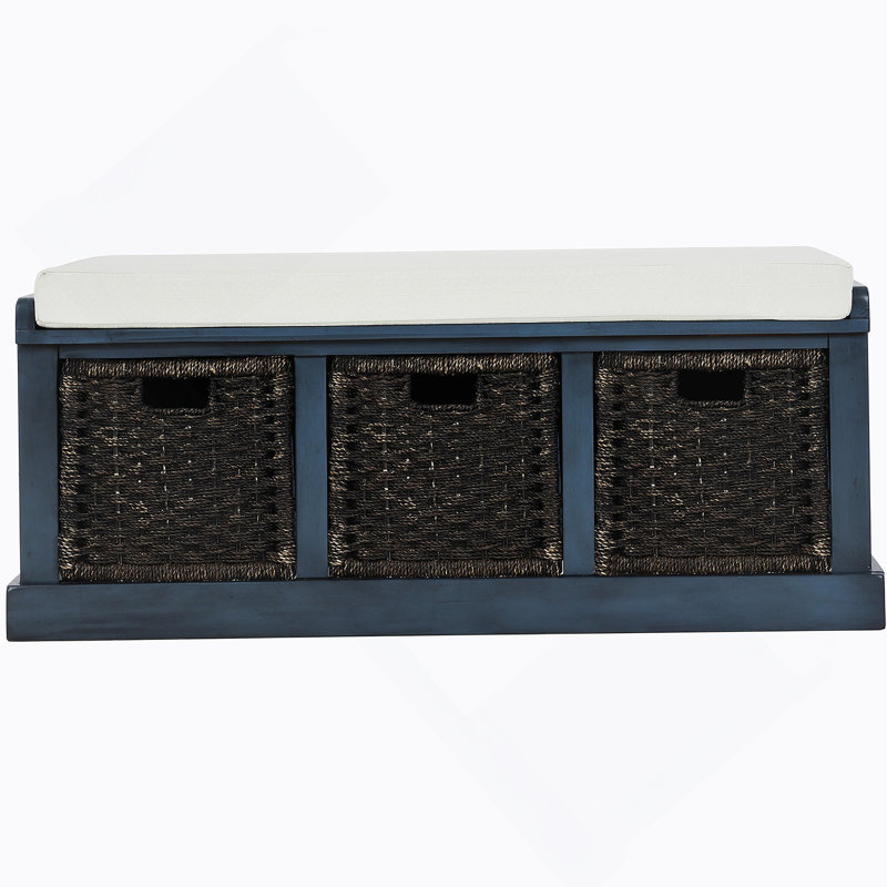 Banc de rangement avec panier en rotin classique amovible, banc d'entrée avec coussin amovible, Blanc / bleu marine antique