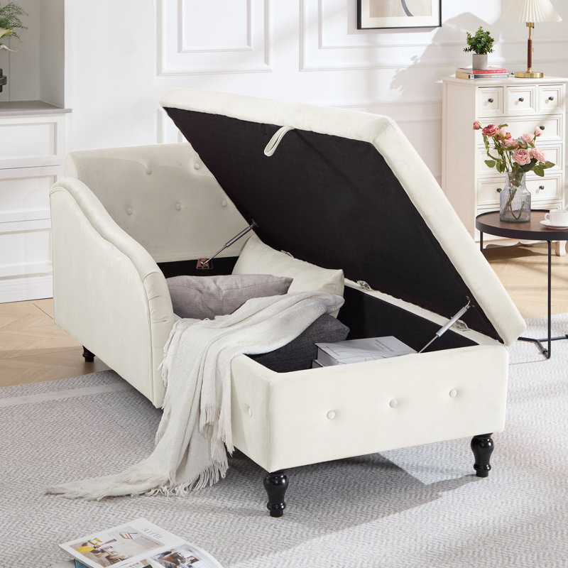 Méridienne surdimensionnée rembourrée en velours avec rangement caché L 74 po Maci, Orienté vers la gauche, Beige