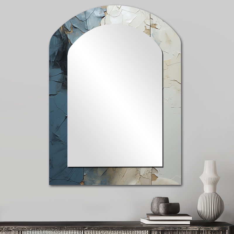 Gold And Blue Woman Meditation Portrait I - Woman Asymmetrical Decorative Wall Mirror, Modern Arch Mirror, Printed Metal Art