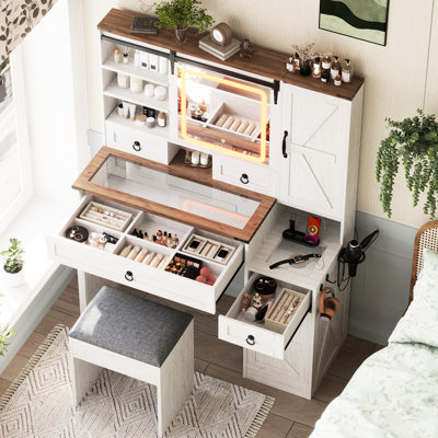White Vanity With Movable Led Mirror, Brightness Adjustment, Glass Top, Charging Outlet, 4 Drawers, 2 Cabinets And Stool - Bedroom Dressing Solution Dimming, Furniture