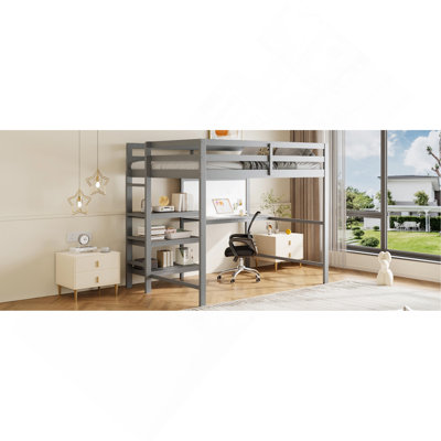 Lit mezzanine simple en bois avec tablettes, bureau et tableau d'écriture