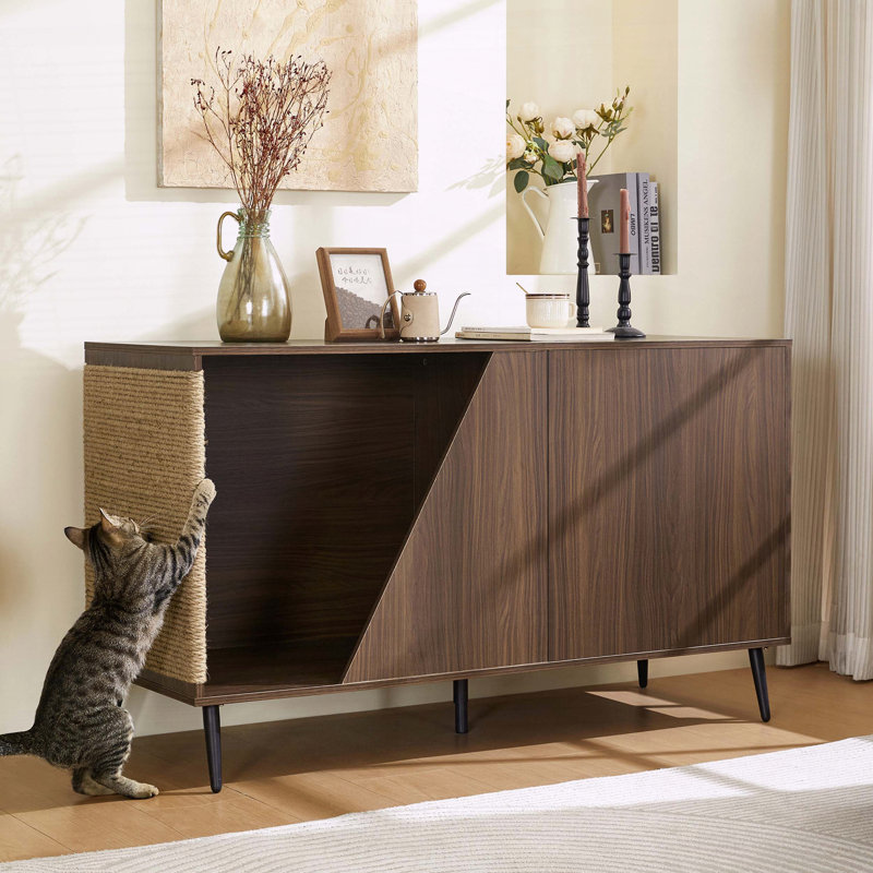 Enceinte de litière moderne en noyer avec grattoir et rangement en sisal