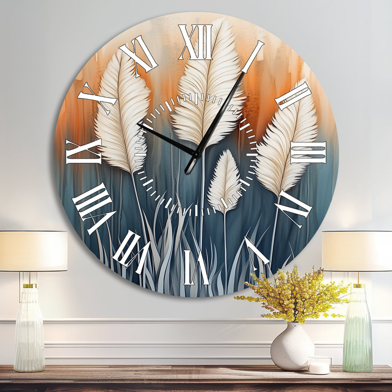 Pampas dessinée à l'encre I - Horloge murale ronde en métal bohème silencieuse, Surdimensionné