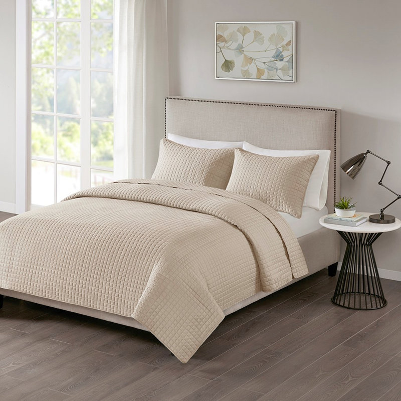 Literie 3 pièces pour courtepointe réversible kaki - aspect rembourré, ingrédient à carreaux carrés, tissu lavable à la machine, design moderne,