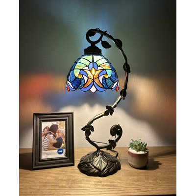 Lampe de table Simoniff Tiffany en verre teinté brun et fer et base en bronze l 11 po x P 8 po x H 21 po