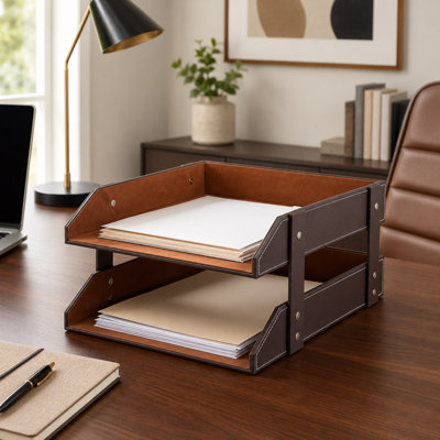 2 Tier Leather Letter Tray Organizer, Wooden Desk File Holder with Stackable Paper Storage