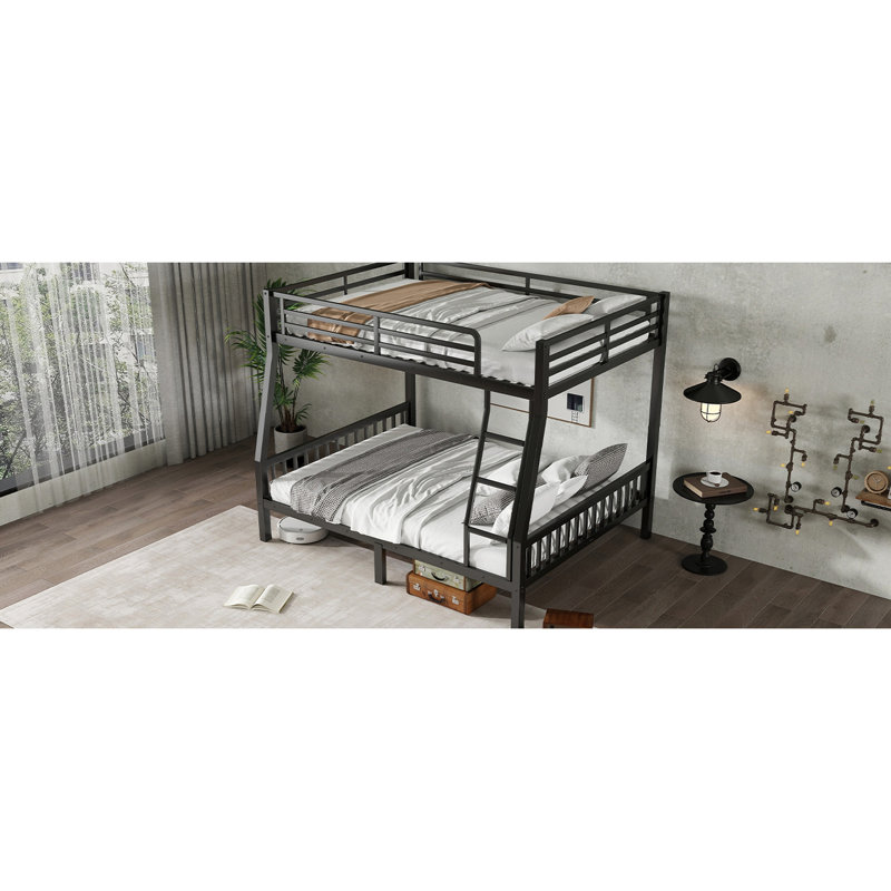 Lit superposé en métal noir pour adultes avec lit double au-dessus d'un grand lit double - avec housse souple et structure à lattes sécuritaires et stables