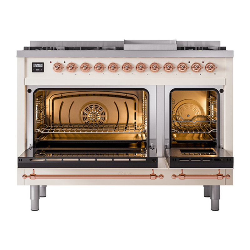 ILVE Nostalgie II, cuisinière à double combustible de 48 po, 8 brûleurs, plaque chauffante, Blanc antique / cuivre