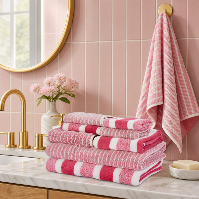 Ensemble de 8 serviettes de bain rayées en velours corail, ensemble de débarbouillettes absorbantes, rose, 55,1 x 27,5 po