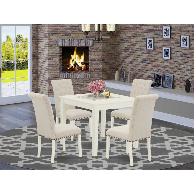 5-Piece Solid Wood Top - Square Dining Room Set - Seats 4,  Linen White, Light Beige