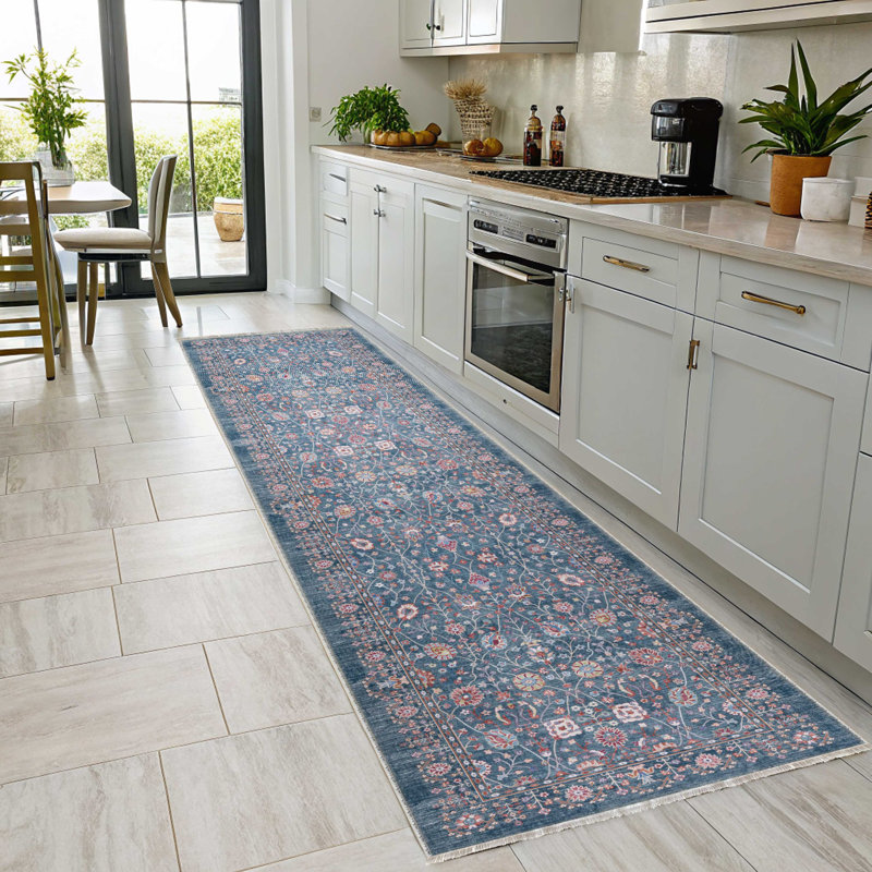 Chenille de coton bleue à motif floral antidérapant kilim, Rectangle 2 pi 8 po x 5 pi