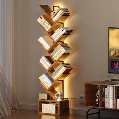 8 Tier Tree - shaped Narrow Floor Standing Bookshelf with LED Lights, Steel - Wood Combination with Cabinet, For Living Room, Bedroom and Home Office