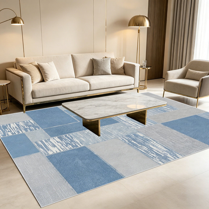 1PC Geometric Block Stripe Patchwork Blue & Grey Tone area rugs for Living Room, Soft, All seasons, Easy-maintain, Washable Indoor mat, Farmhouse suitable for for dining table, bedroom, entryway...