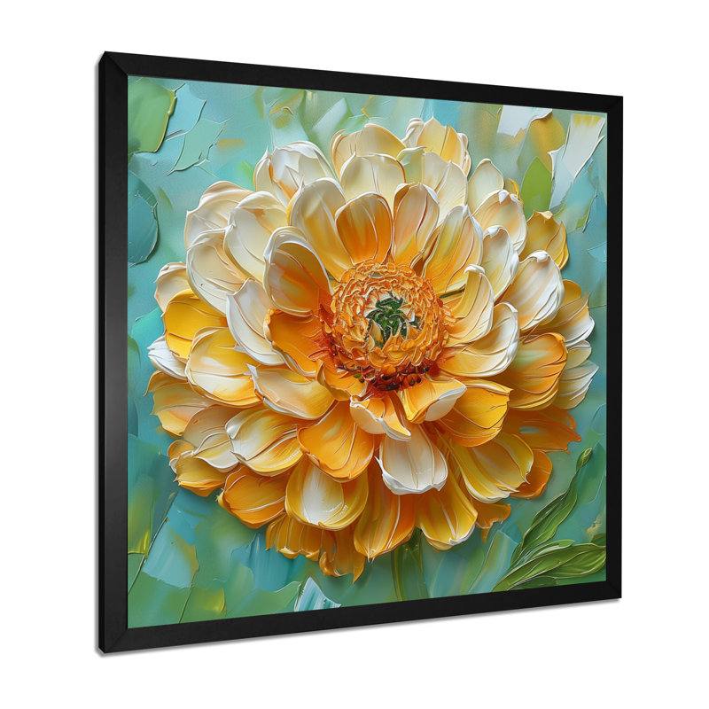 Jaune jaune fleuri souci, peinture II - souci, art mural, Cadre simple noir, H 30 po x l 30 po