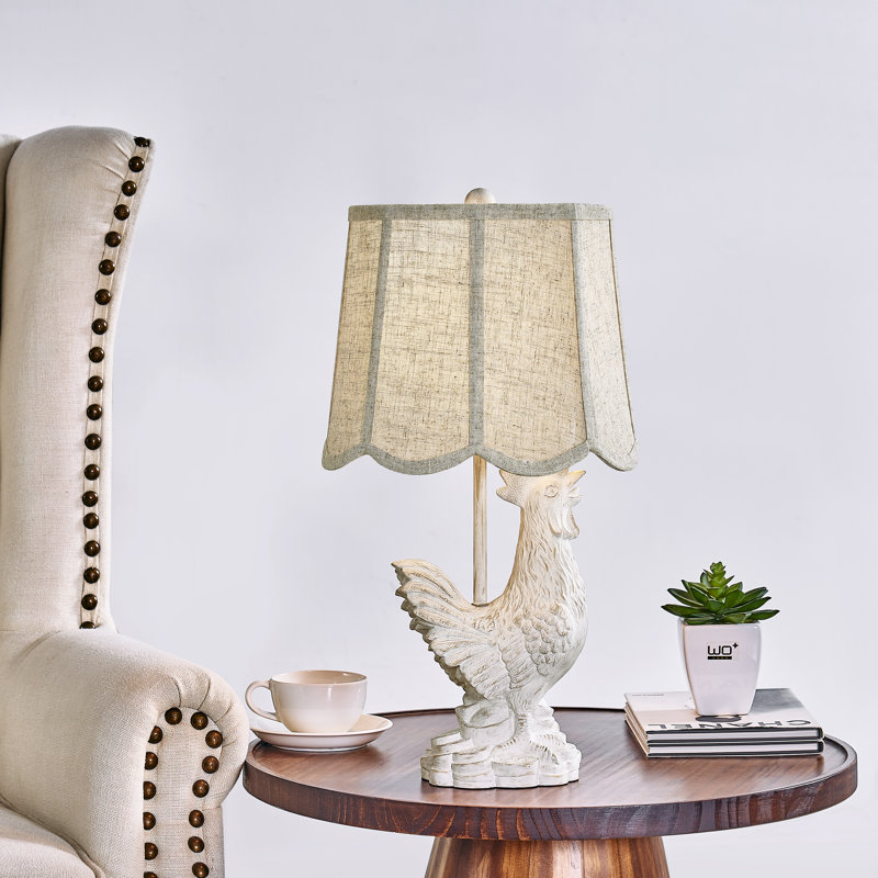 Lampe de table coq en résine 23 po bronze avec abat-jour en lin, Tanné, Blanc