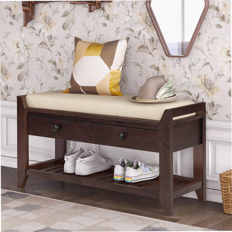 Alexandria Wood Storage Bench, Shoe Rack with Cushioned Seat and Drawers, Multipurpose Entryway Storage Bench, Espresso