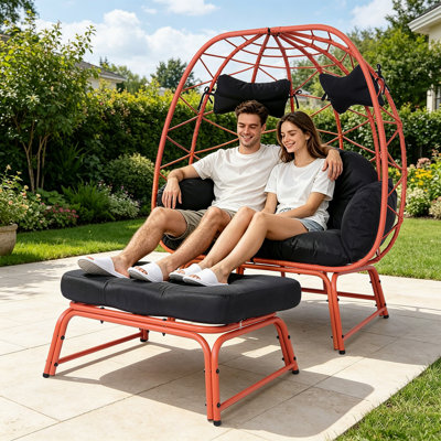 Fauteuil double pour patio avec repose-pieds, fauteuil en osier pour l'extérieur avec coussin, fauteuil pour 2 personnes avec repose-pieds pour balcon, jardin et cour