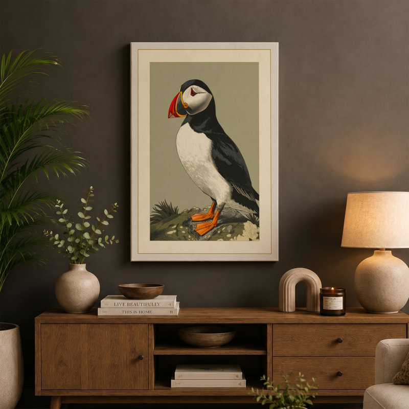 Puffin Study Botanical - Wrapped Canvas, 24x16 - 61.0 x 40.6 cm, Terracotta Border