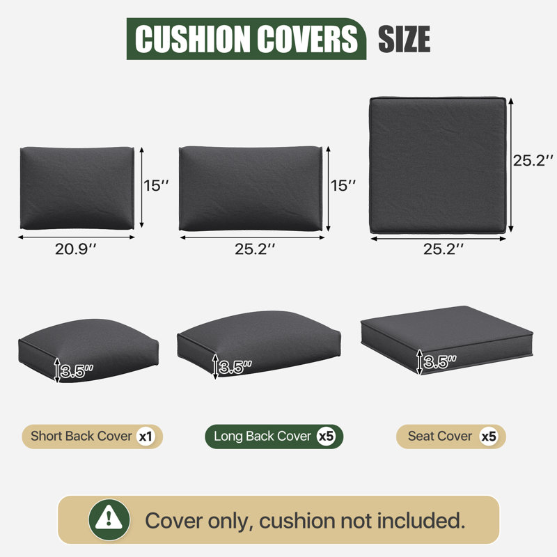 11-Pcs Outdoor Patio Cushion Cover Set  For 5-Seat Sectional Sofa, Covers Only, Black