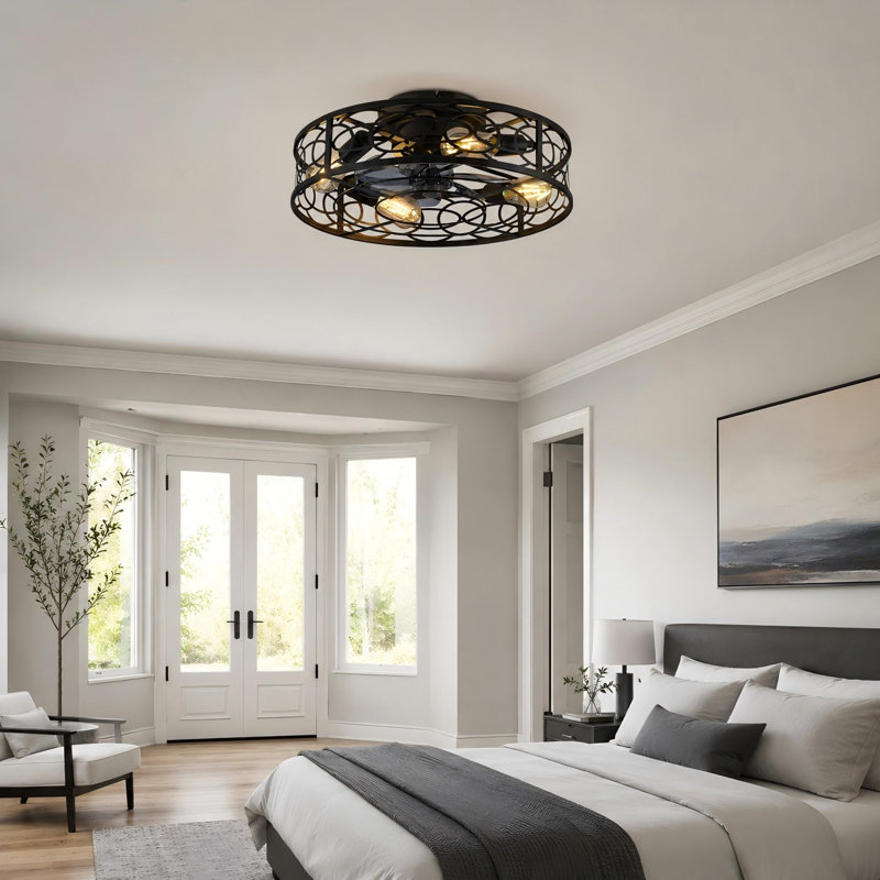 20" Matte Black Caged Flush Mount Ceiling Fans  