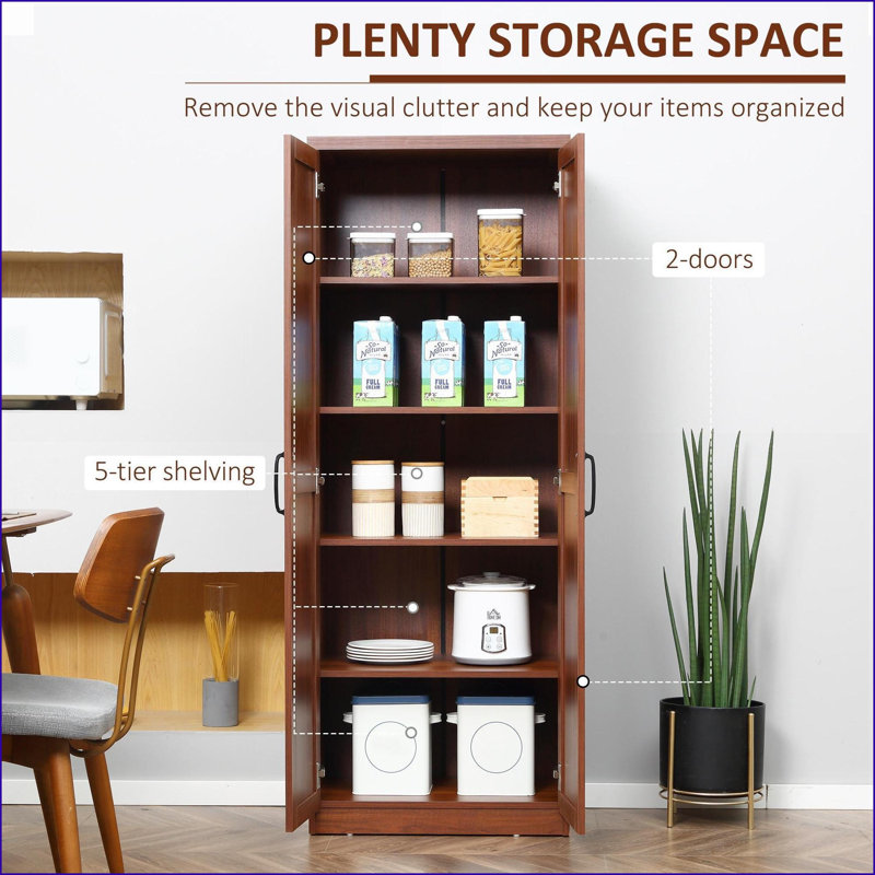 Kitchen Pantry Cabinet 63” Freestanding 2-Door with 5-Tier &amp; 2 Adjustable Shelves, Brown | Particle Board