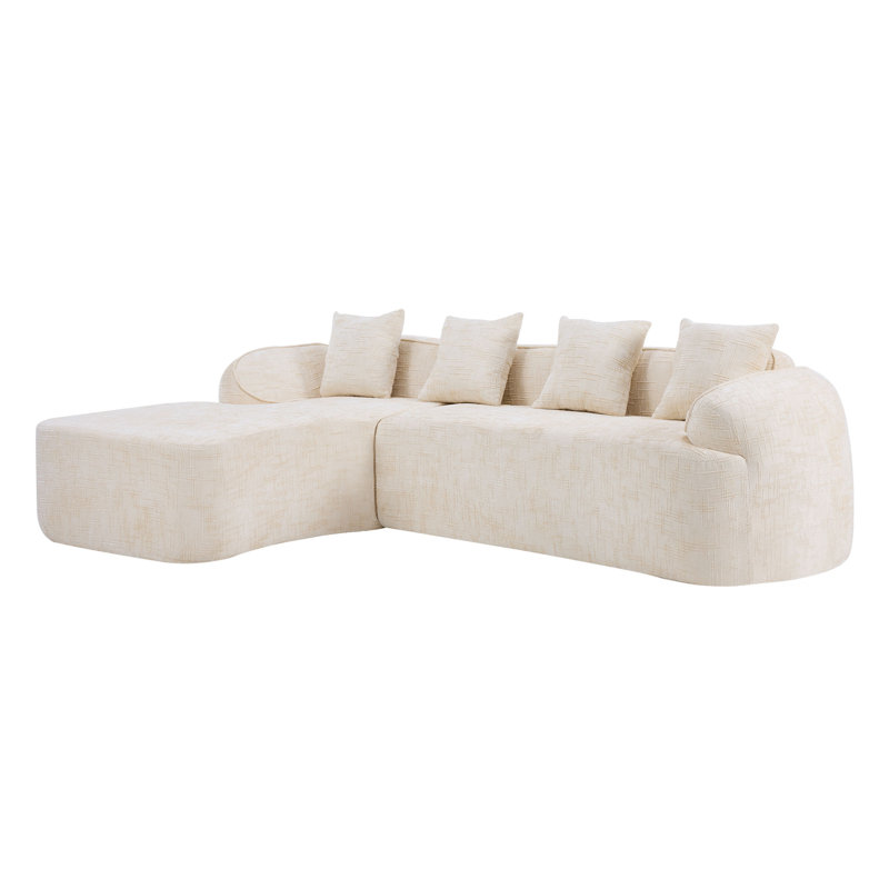 Chenille L-Shaped Sectionals Sofa With Four Pillows, Beige Chenille