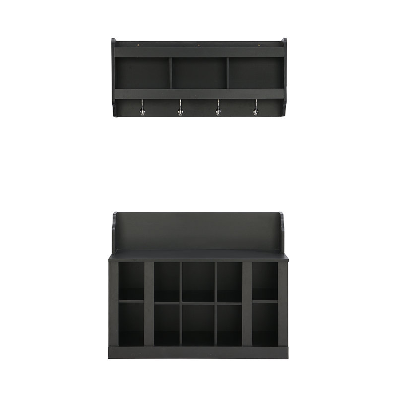 ON-TREND Shoe Storage Bench With Shelves And 4 Hooks, Black