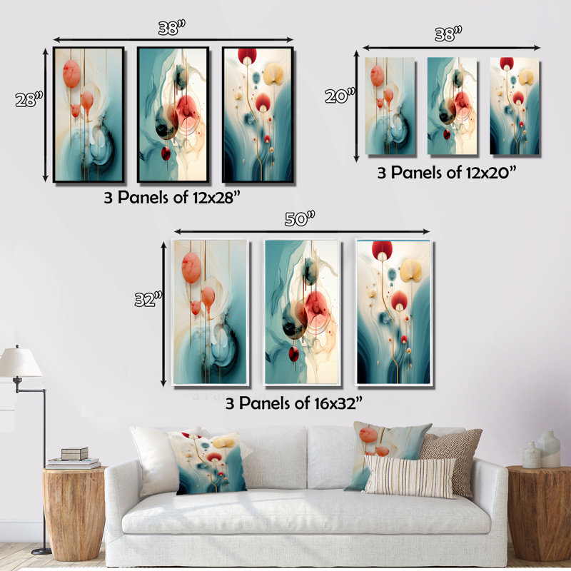 «Tender Awakening» en bleu et rouge - Ensemble d'art géométrique moderne de 3 pièces, Toile tendue, H 20 po x l 36 po