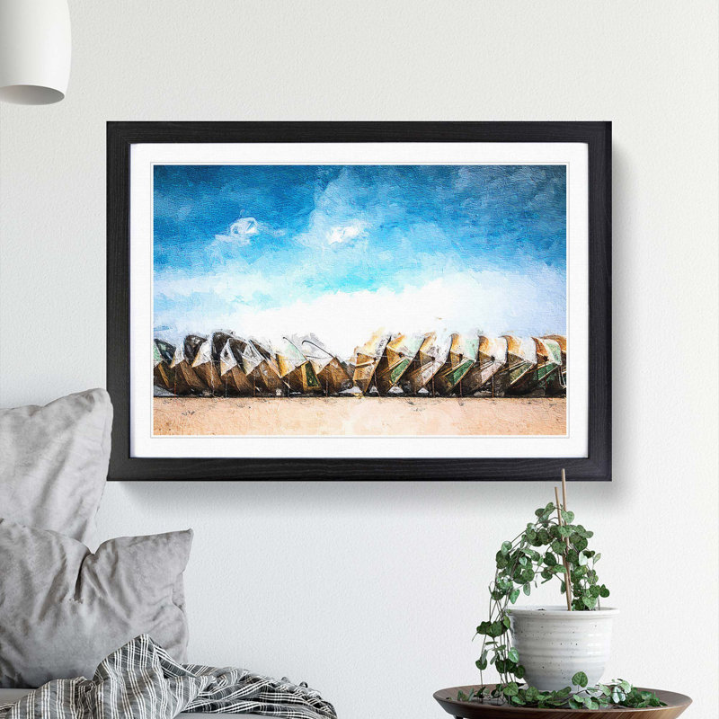 Stacked Rowing Boats on the Beach - Picture Frame Painting Print, Black Framed, 27cm H x 36cm W x 2cm D