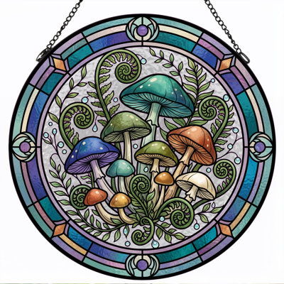 Mushroom Fern Stained Glass Window Panel，12"H
