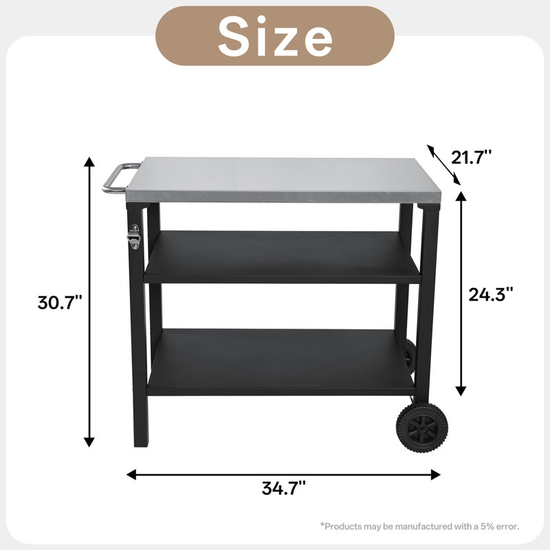 Chariot de barbecue extérieur à 3 niveaux avec surface en acier inoxydable, roues de table de préparation barbecue, barre de service roulante pour patio et cour arrière, support de four à pizza en noir, construction, grand rangement, stable