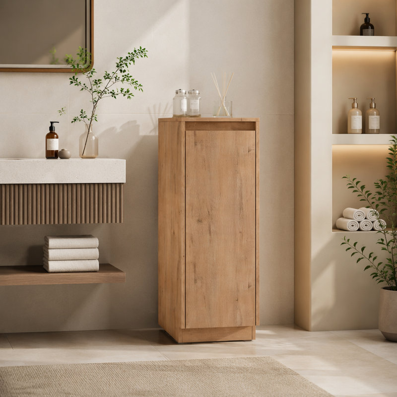 Petite armoire de rangement autoportante 12 po, portes à fermeture douce, chêne imitation, contreplaqué (emballage KD)