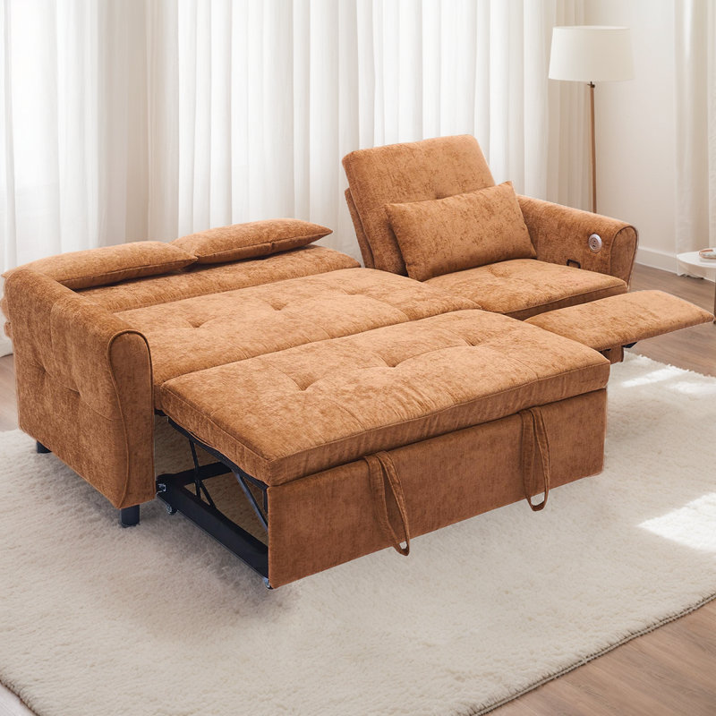 82'' Convertible Sleeper Sofa With Reversible Chaise Lounge – 2-In-1 Pull-Out Sofa Bed With Storage For Guest Space, Orange