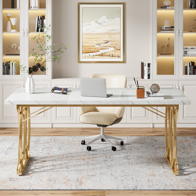 Executive Desk, 63" W Large Computer Desk, Gold, White Marble