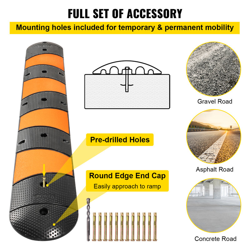 VEVOR Modular Rubber Speed Bump, Driveway Cable Protector Ramp 6FT With 2 End Cap,Rated 22000 LBS Loading