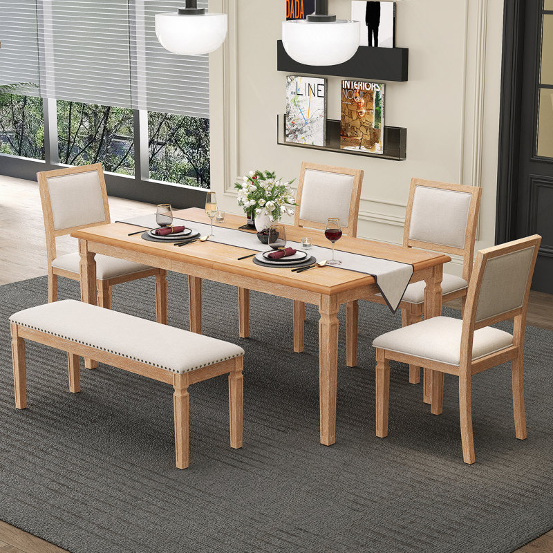 Ensemble de table de salle à manger extensible, table de cuisine avec 4 chaises et 1 banc, Bois naturel délavé
