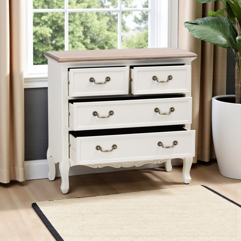 Lippa White & Oak Finish Brass Pull 4-Drawer Accent Storage Cabinet, 29.32" H X 31.1" W X 13.38" D