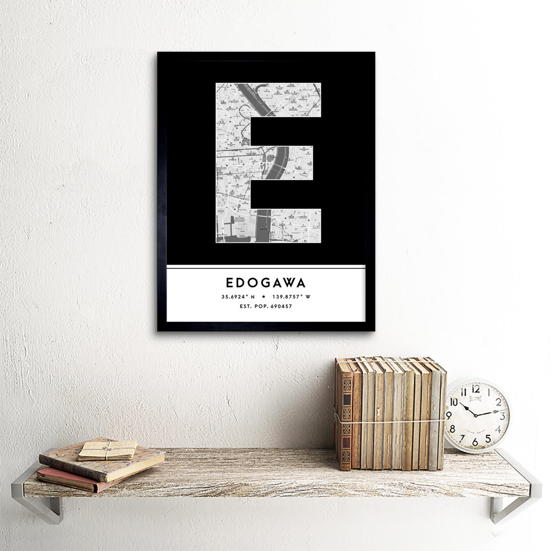 Edogawa City Map Edogawa Black & White by Wee Blue Coo - Single Picture Frame Typography