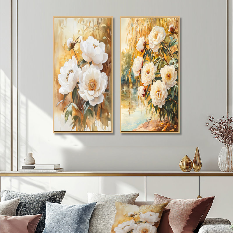 Pivoines par le saule d'automne III - art mural floral 2 pièces, Crème, H 32 po x l 33 po, Impression encadrée flottante