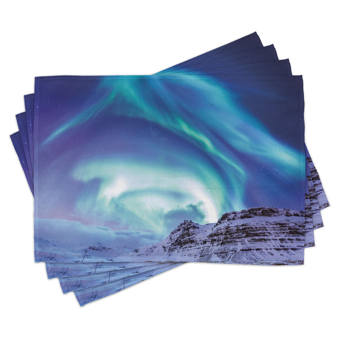 Platzdeckchen 4er Set, Aurora Borealis Island, Blau Meer Grün Flieder