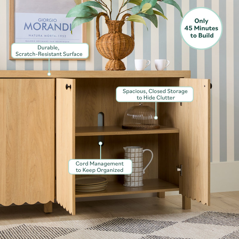 Bathilda 60" Modern Wood Easy Assembly Scalloped Sideboard TV Stand With Cabinet Storage, White Oak