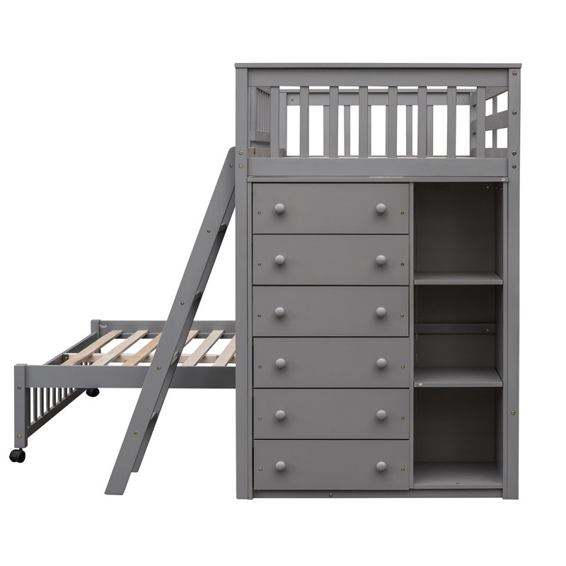 Lit superposé gris en bois gris avec six tiroirs, formats de tablettes personnalisables et un lit simple inférieur au-dessus des armoires à tiroirs pleine grandeur