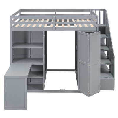 Lit superposé double avec bureau, garde-robe et tablettes, lit mezzanine peu encombrant pour enfants