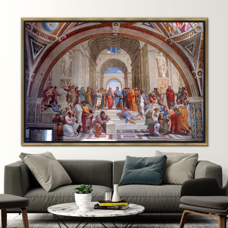 Socrates and Aristotle Oil Painting Print on Canvas by Raffaello Sanzio for Wall Decor, 41" H x 94" W, Gold