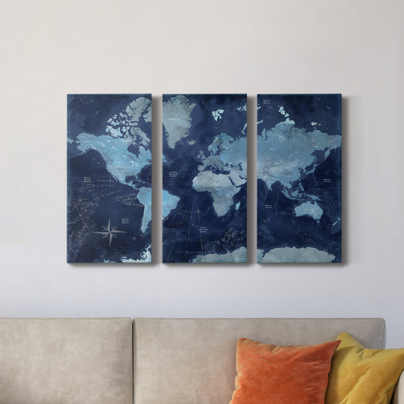 Carte du monde - 3 pièces, impression sur toile tendue, H 27 po x l 54 po x P 1 po