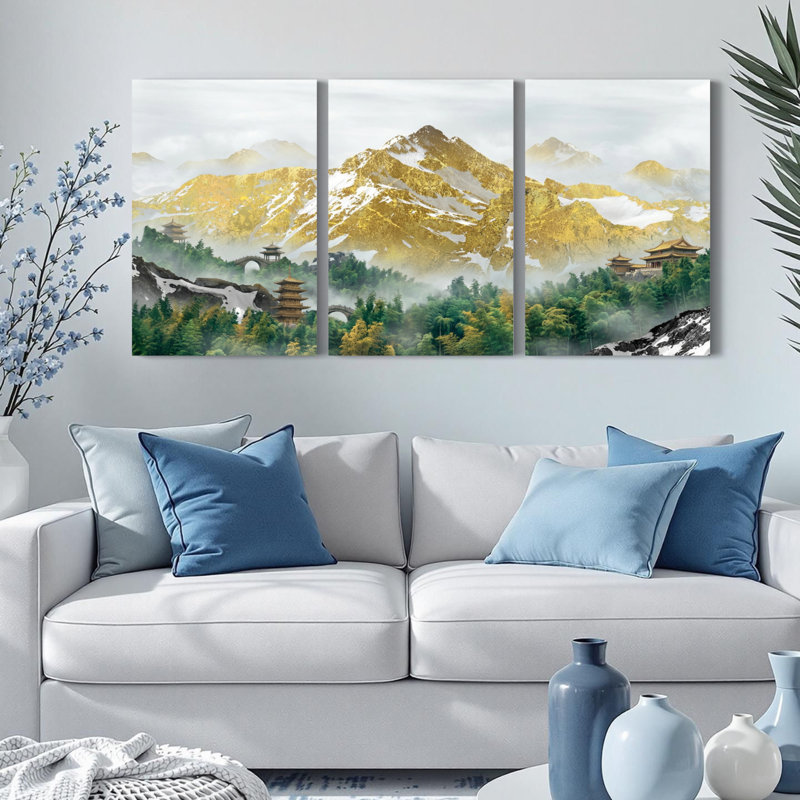 Ensemble de 3 tableaux sur toile représentant un paysage de montagne avec pagodes et reflets, 1624