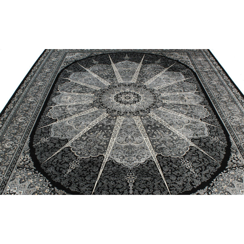 Tapis turc noir et ivoire Antep, Rectangle 6 pi 7 po x 9 pi 6 po