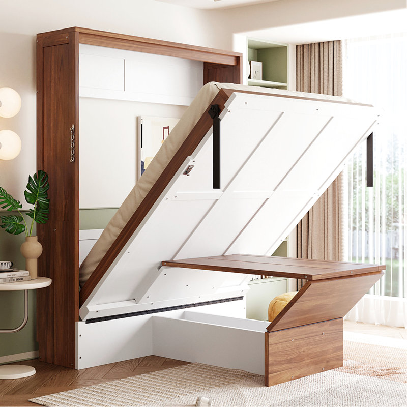 Lit escamotable pleine grandeur avec fonction bureau, style noyer et blanc, idéal pour les espaces urbains contemporains, bureau pliable avec cadre en bois massif, conception, zones à haute densité convenables,