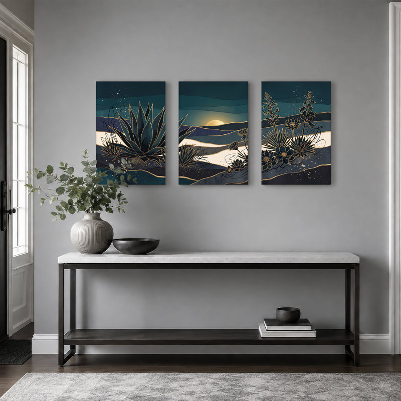 Agave et fleurs du désert en bleu sarcelle et or, ensemble de 3 toiles, H 24 po x l 16 po x 3 pièces